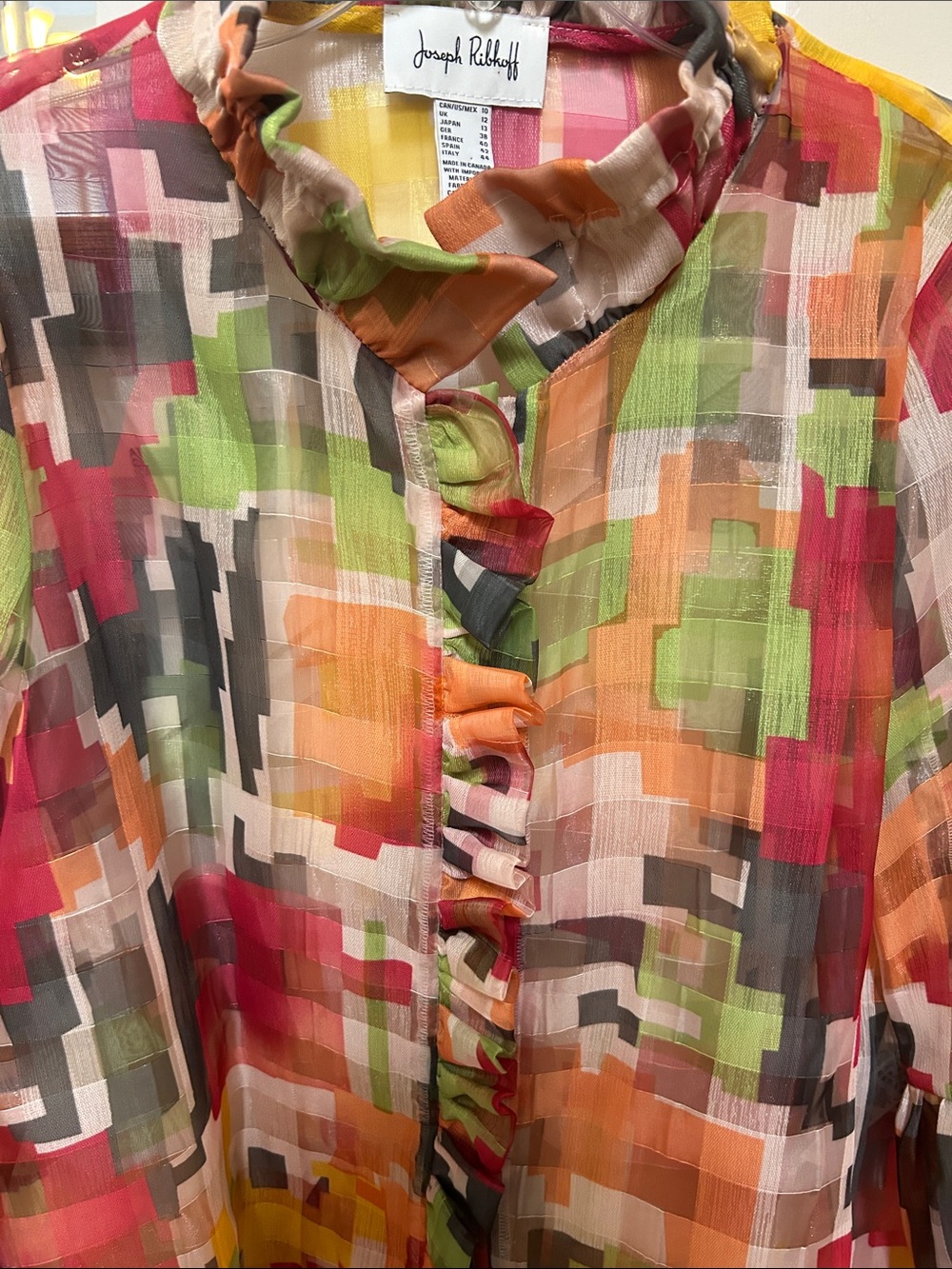 Joseph Ribkoff Size 10 Pixelated Geometric Ruffle-Front Sheer Blouse - Picture 8 of 16